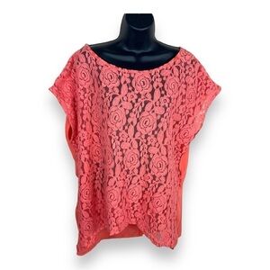 2X TRU SELF ORANGE LACE BLOUSE OPEN BACK CROPPED SHORT SLEEVE